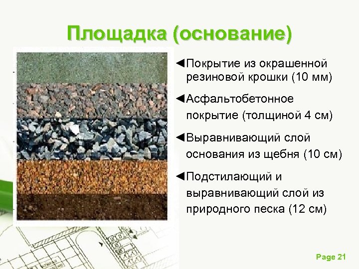 Площадка (основание) ◄Покрытие из окрашенной резиновой крошки (10 мм) ◄Асфальтобетонное покрытие (толщиной 4 см)