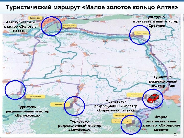 Туристический маршрут «Малое золотое кольцо Алтая» Культурнопознавательный кластер «Сростки» Автотуристский кластер «Золотые ворота» Туристскорекреационный