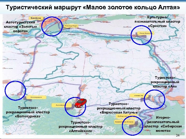 Туристический маршрут «Малое золотое кольцо Алтая» Культурнопознавательный кластер «Сростки» Автотуристский кластер «Золотые ворота» Туристскорекреационный
