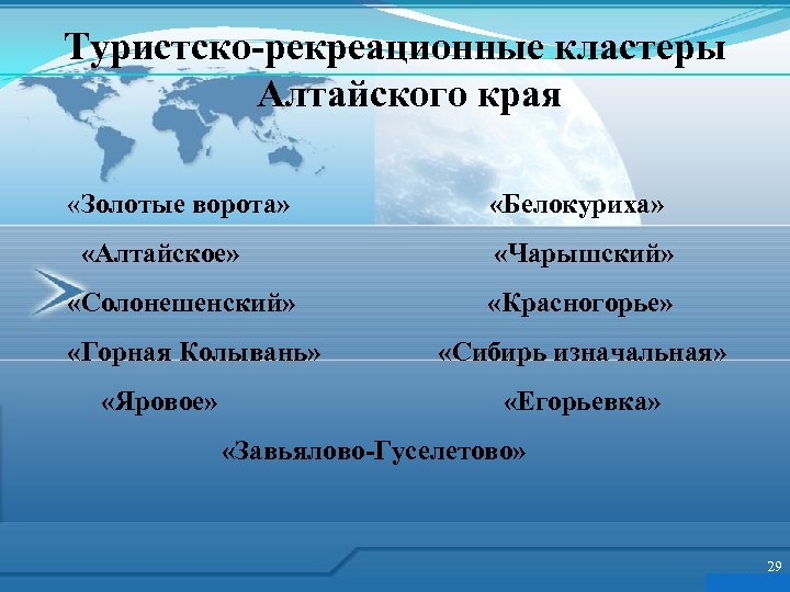 Характеристика туристско рекреационного края. Туристско-рекреационные кластеры Алтайского края. Туристско-рекреационные ресурсы Алтайского края. Туристско-рекреационный кластер Белокуриха. Рекреационные ресурсы Алтайского края презентация.