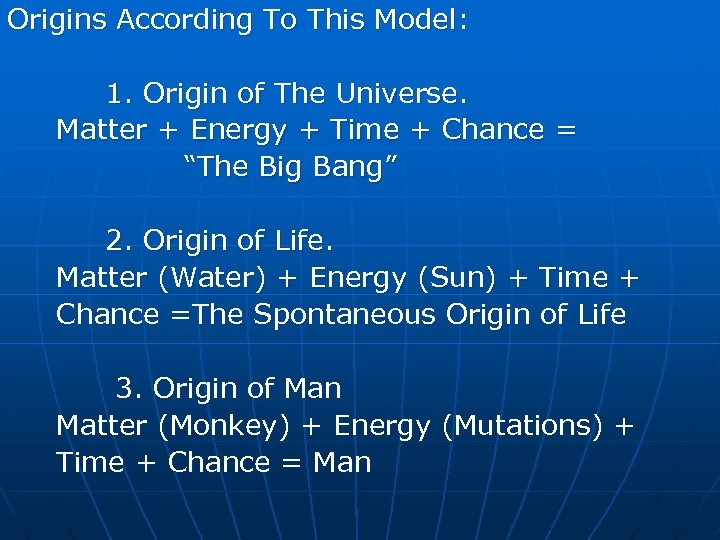 Origins According To This Model: 1. Origin of The Universe. Matter + Energy +