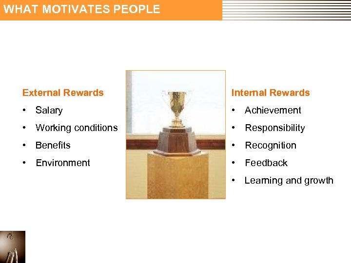 WHAT MOTIVATES PEOPLE External Rewards Internal Rewards • Salary • Achievement • Working conditions