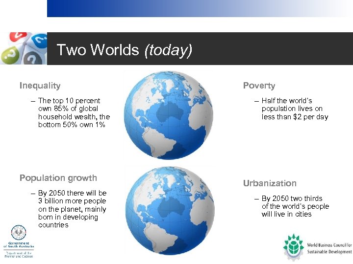 Two Worlds (today) • Inequality – The top 10 percent own 85% of global