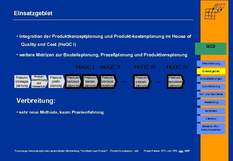 Einsatzgebiet • Integration der Produktkonzeptplanung und Produkt-kostenplanung im House of Quality and Cost (Ho.