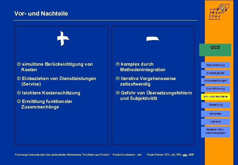 Vor- und Nachteile QCD J simultane Berücksichtigung von Kosten L komplex durch Methodenintegration J