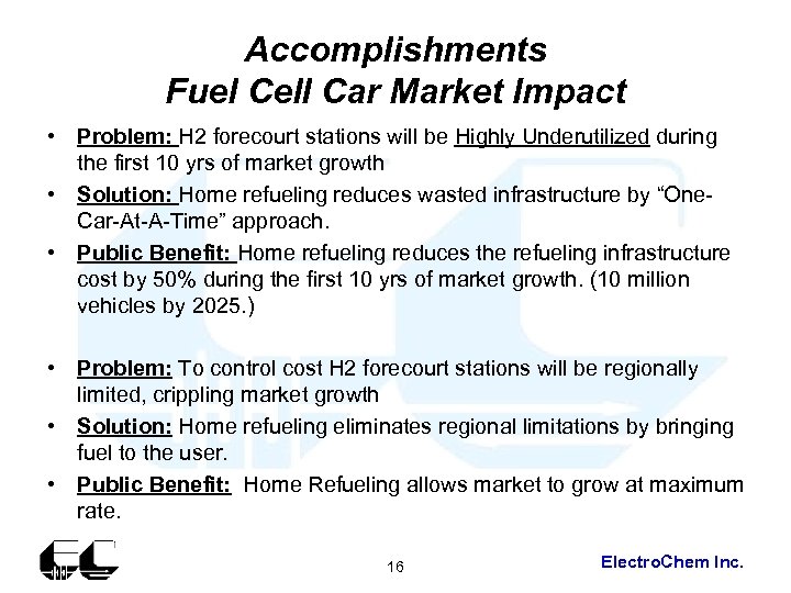 Accomplishments Fuel Cell Car Market Impact • Problem: H 2 forecourt stations will be