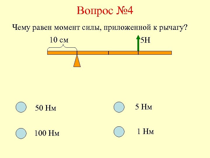 Вопрос № 4 Чему равен момент силы, приложенной к рычагу? 10 см 5 Н