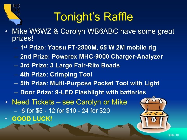 Tonight’s Raffle • Mike W 6 WZ & Carolyn WB 6 ABC have some