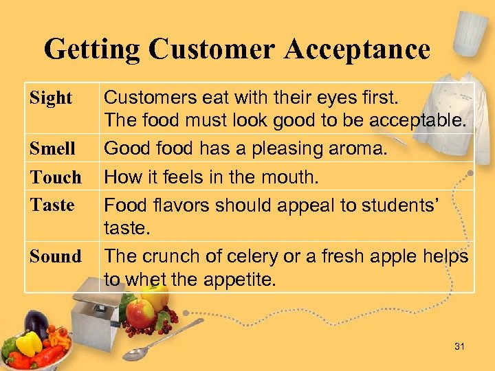 Getting Customer Acceptance Sight Smell Touch Taste Sound Customers eat with their eyes first.