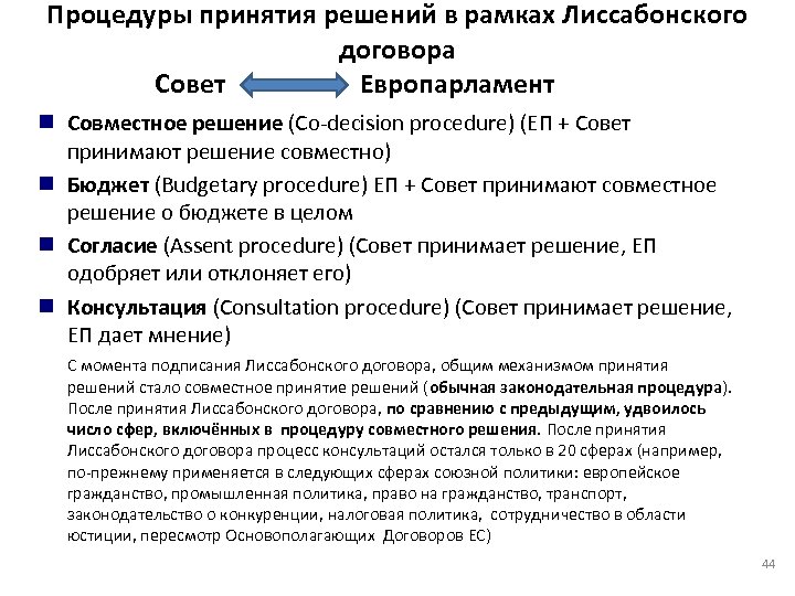 Процедуры принятия решений в рамках Лиссабонского договора Совет Европарламент Совместное решение (Co-decision procedure) (ЕП