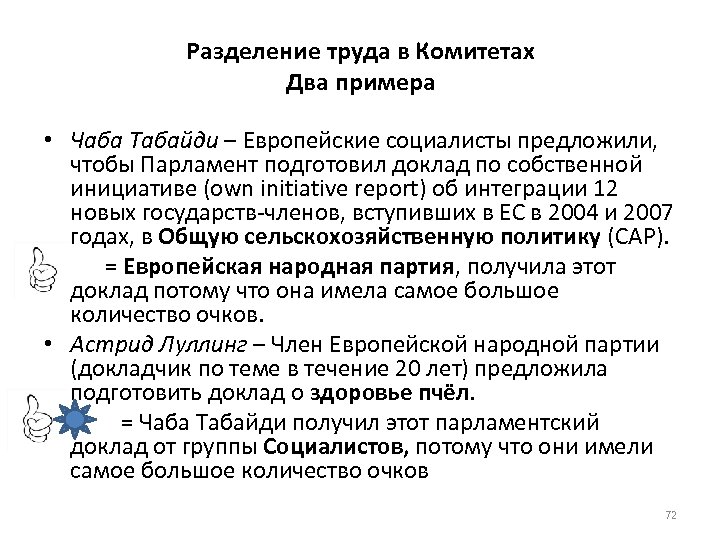 Разделение труда в Комитетах Два примера • Чаба Табайди – Европейские социалисты предложили, чтобы
