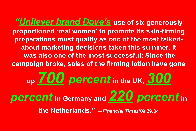 “Unilever brand Dove’s use of six generously proportioned ‘real women’ to promote its skin-firming