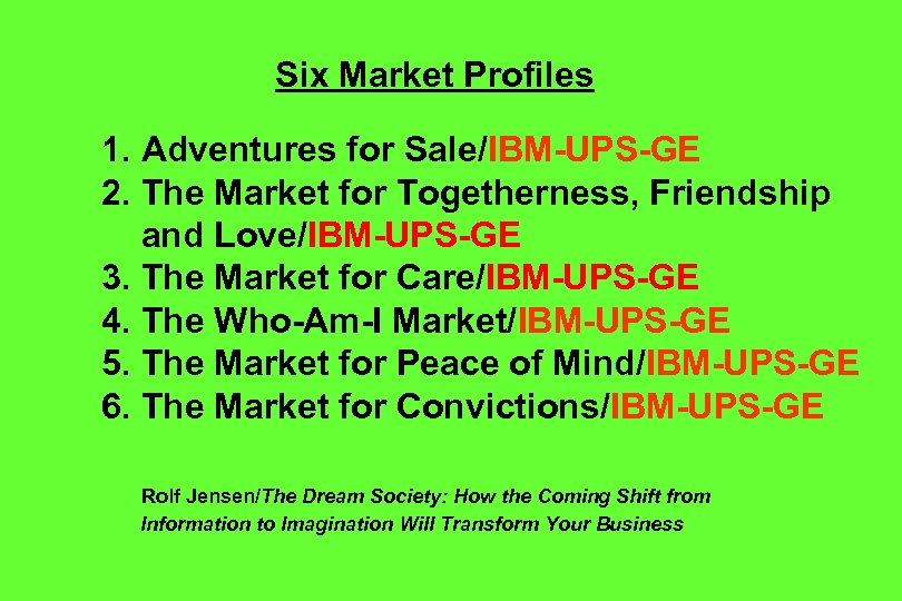 Six Market Profiles 1. Adventures for Sale/IBM-UPS-GE 2. The Market for Togetherness, Friendship and