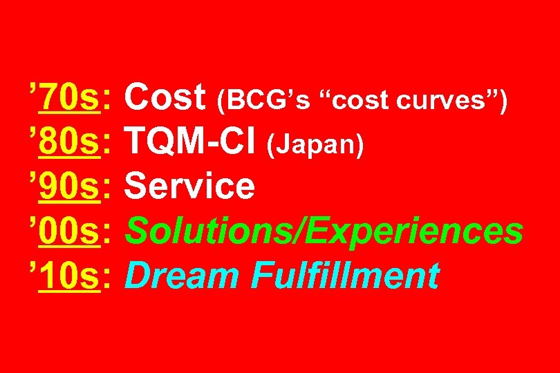 ’ 70 s: Cost (BCG’s “cost curves”) ’ 80 s: TQM-CI (Japan) ’ 90