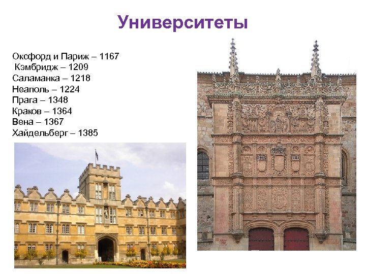 Университеты Оксфорд и Париж – 1167 Кэмбридж – 1209 Саламанка – 1218 Неаполь –