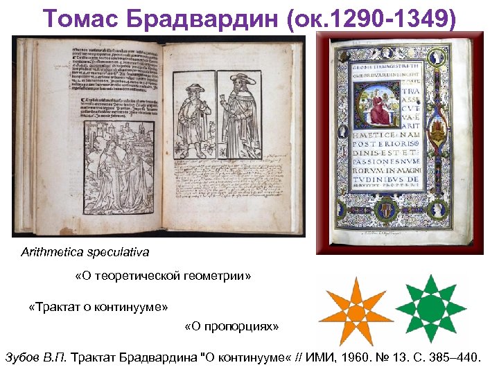 Томас Брадвардин (ок. 1290 -1349) Arithmetica speculativa «О теоретической геометрии» «Трактат о континууме» «О