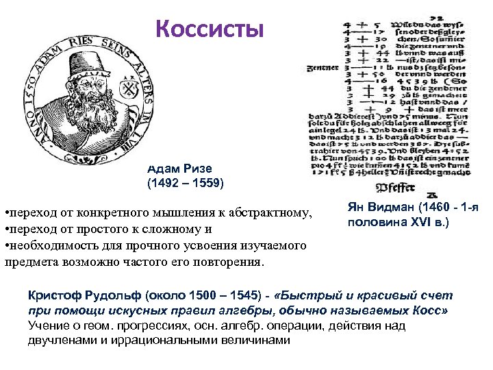 Коссисты Адам Ризе (1492 – 1559) • переход от конкретного мышления к абстрактному, •