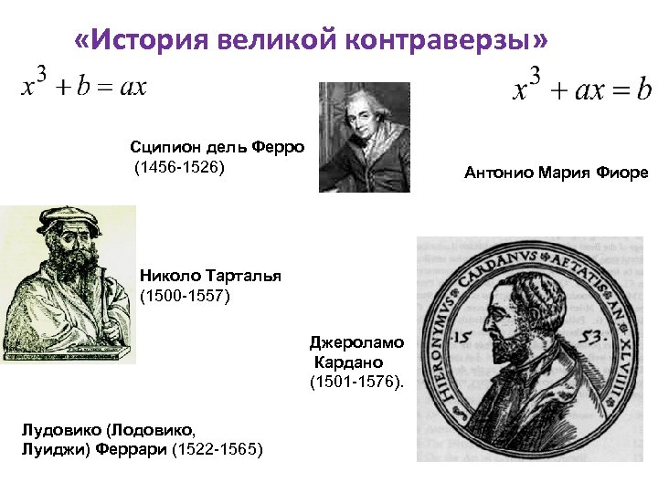  «История великой контраверзы» Сципион дель Ферро (1456 -1526) Антонио Мария Фиоре Николо Тарталья