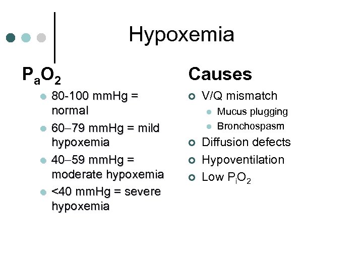 Hypoxemia P a. O 2 l l 80 -100 mm. Hg = normal 60