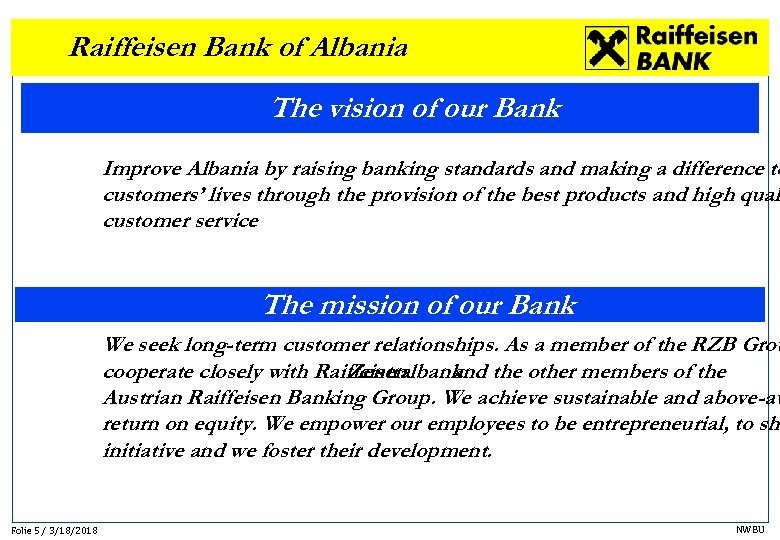 Raiffeisen Bank of Albania The vision of our Bank Improve Albania by raising banking