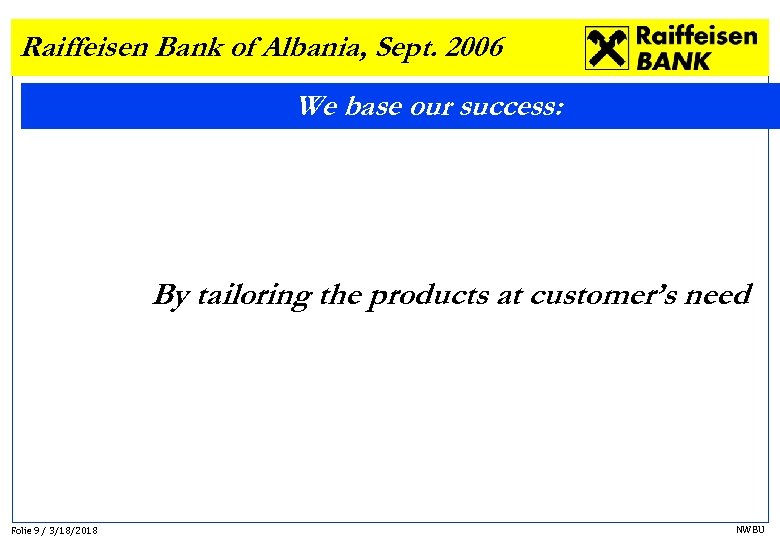Raiffeisen Bank of Albania, Sept. 2006 We base our success: By tailoring the products