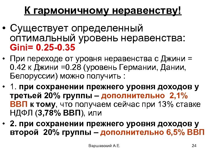 К гармоничному неравенству! • Существует определенный оптимальный уровень неравенства: Gini= 0. 25 -0. 35