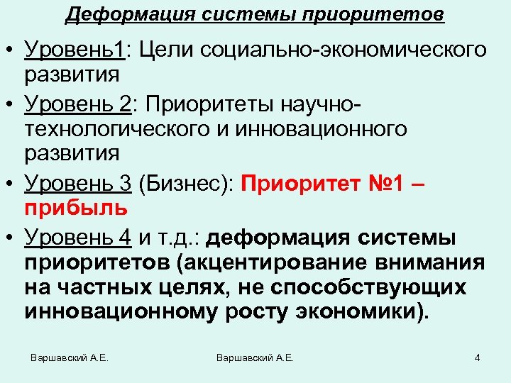 Деформация системы приоритетов • Уровень1: Цели социально-экономического развития • Уровень 2: Приоритеты научнотехнологического и