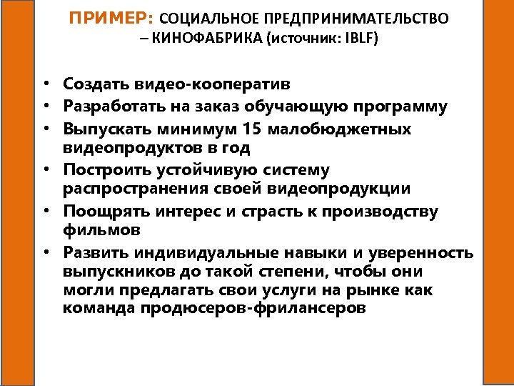 ПРИМЕР: СОЦИАЛЬНОЕ ПРЕДПРИНИМАТЕЛЬСТВО – КИНОФАБРИКА (источник: IBLF) • Создать видео-кооператив • Разработать на заказ