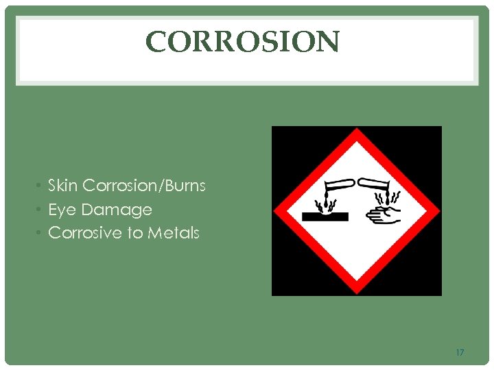 CORROSION • Skin Corrosion/Burns • Eye Damage • Corrosive to Metals 17 