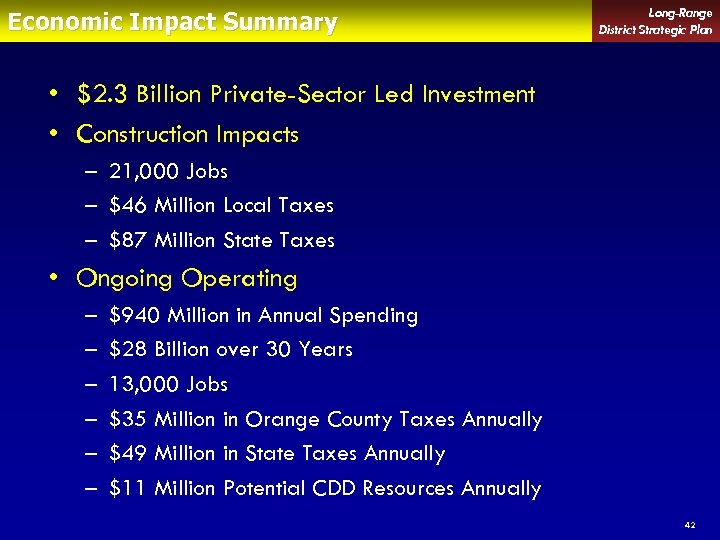 Economic Impact Summary Long-Range District Strategic Plan • $2. 3 Billion Private-Sector Led Investment