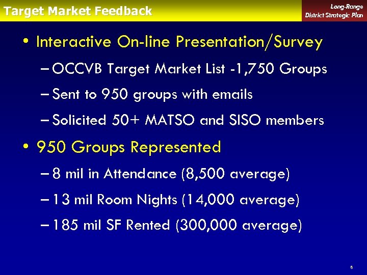 Target Market Feedback Long-Range District Strategic Plan • Interactive On-line Presentation/Survey – OCCVB Target