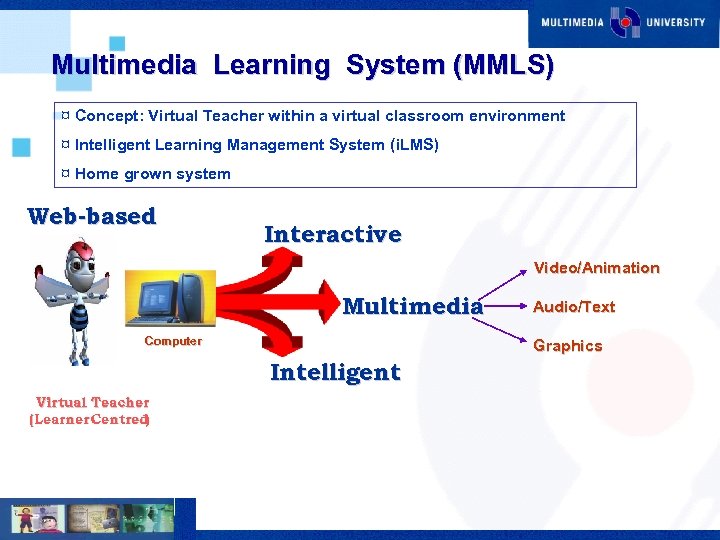 Multimedia Learning System (MMLS) ¤ Concept: Virtual Teacher within a virtual classroom environment ¤