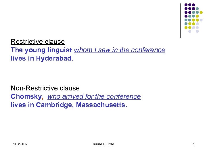 Restrictive clause The young linguist whom I saw in the conference lives in Hyderabad.
