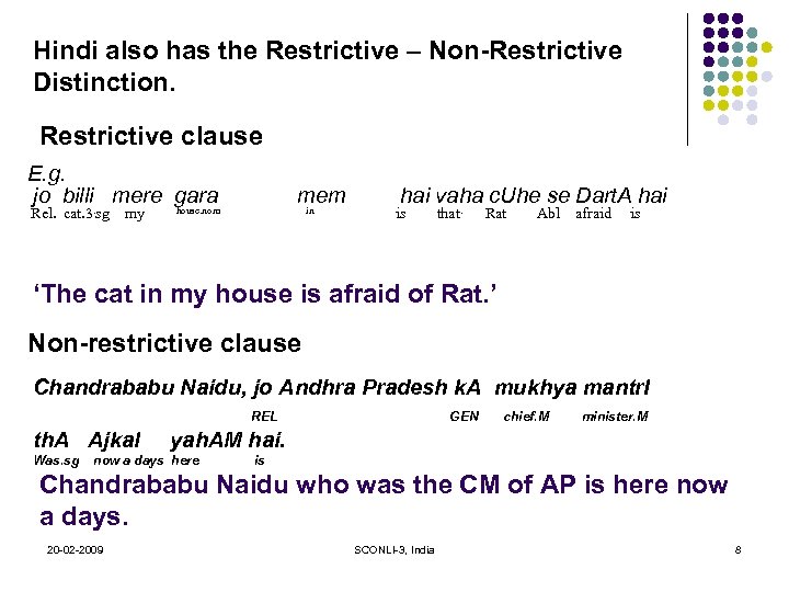 Hindi also has the Restrictive – Non-Restrictive Distinction. Restrictive clause E. g. jo billi
