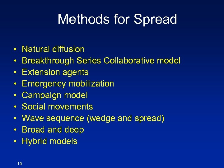 Methods for Spread • • • Natural diffusion Breakthrough Series Collaborative model Extension agents