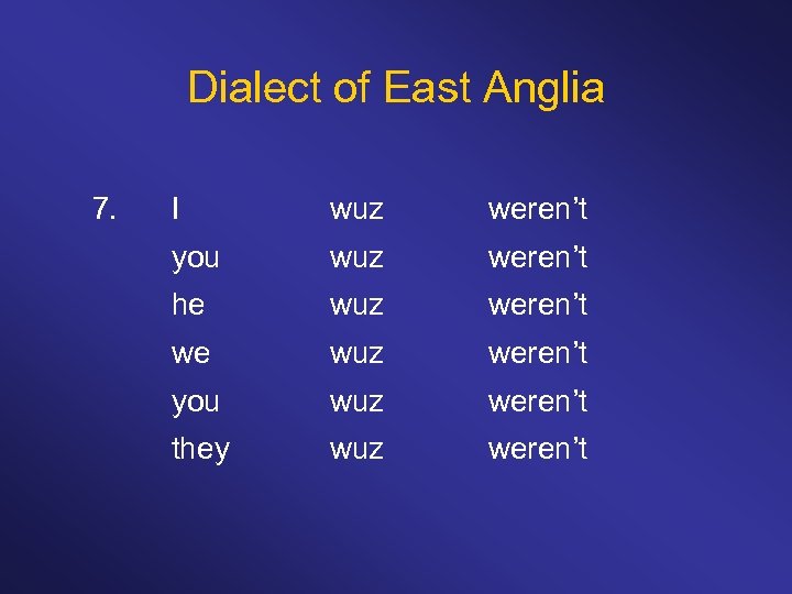 Dialect of East Anglia 7. I wuz weren’t you wuz weren’t he wuz weren’t