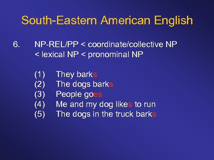 South-Eastern American English 6. NP-REL/PP < coordinate/collective NP < lexical NP < pronominal NP