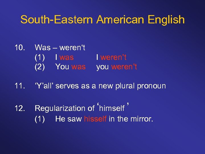 South-Eastern American English 10. Was – weren‘t (1) I was (2) You was I