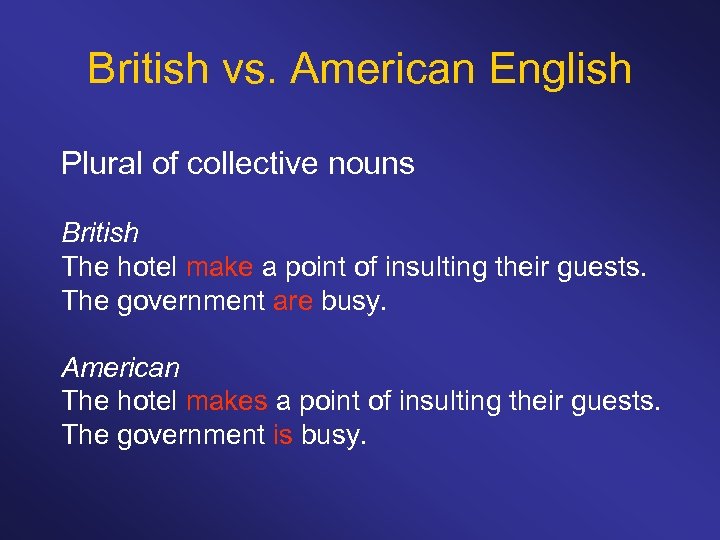 British vs. American English Plural of collective nouns British The hotel make a point