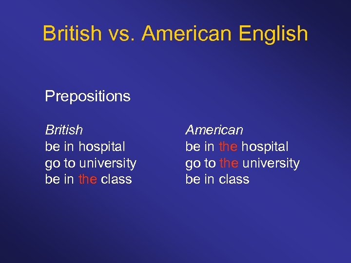 British vs. American English Prepositions British be in hospital go to university be in