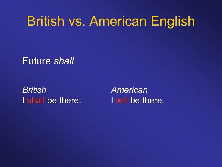 British vs. American English Future shall British I shall be there. American I will