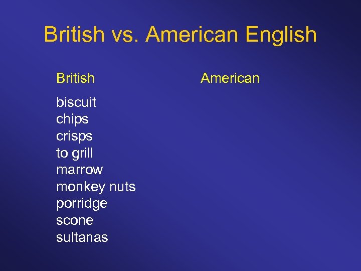 British vs. American English British biscuit chips crisps to grill marrow monkey nuts porridge