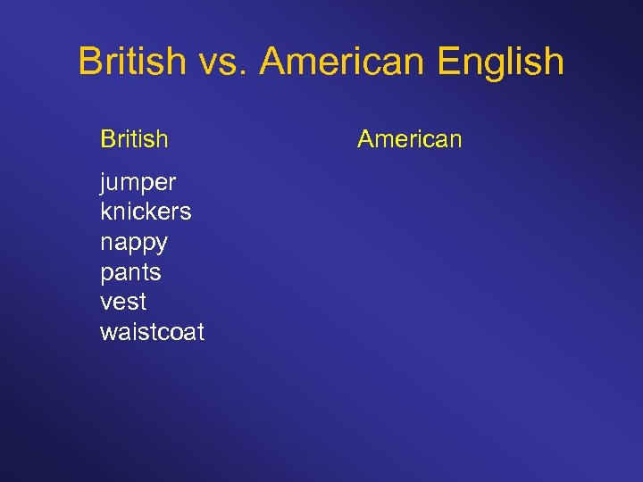 British vs. American English British jumper knickers nappy pants vest waistcoat American 