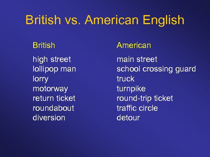 British vs. American English British American high street lollipop man lorry motorway return ticket