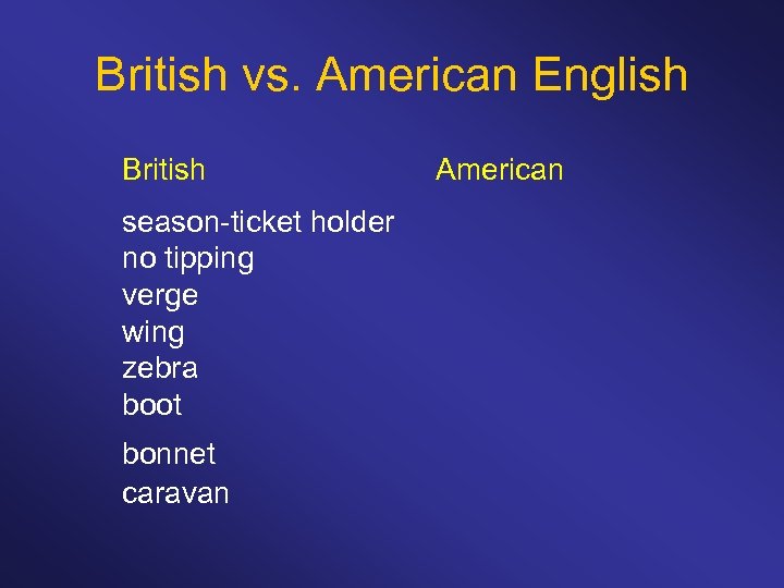 British vs. American English British season-ticket holder no tipping verge wing zebra boot bonnet