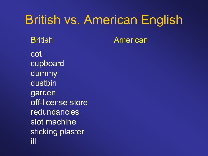 British vs. American English British cot cupboard dummy dustbin garden off-license store redundancies slot