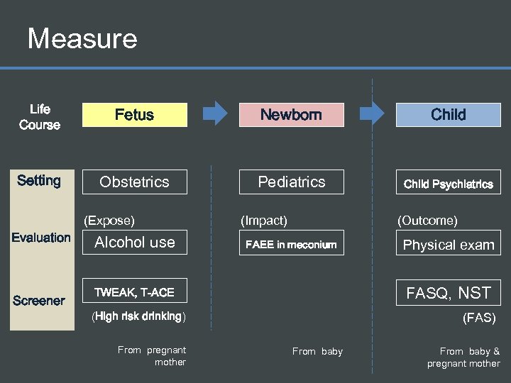 Measure Life Course Fetus Newborn Child Setting Obstetrics Pediatrics Child Psychiatrics (Expose) Evaluation Screener