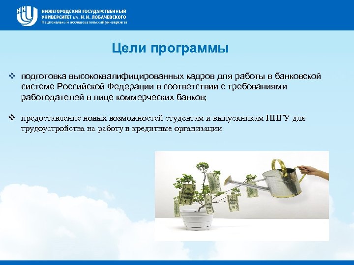 Цели программы v подготовка высококвалифицированных кадров для работы в банковской системе Российской Федерации в