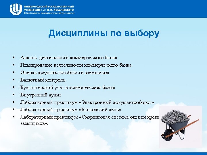 Дисциплины по выбору • • • Анализ деятельности коммерческого банка Планирование деятельности коммерческого банка
