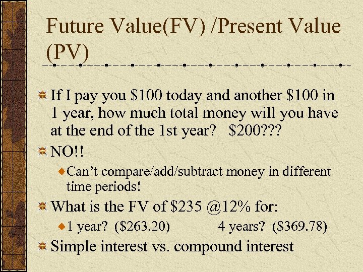 Future Value(FV) /Present Value (PV) If I pay you $100 today and another $100